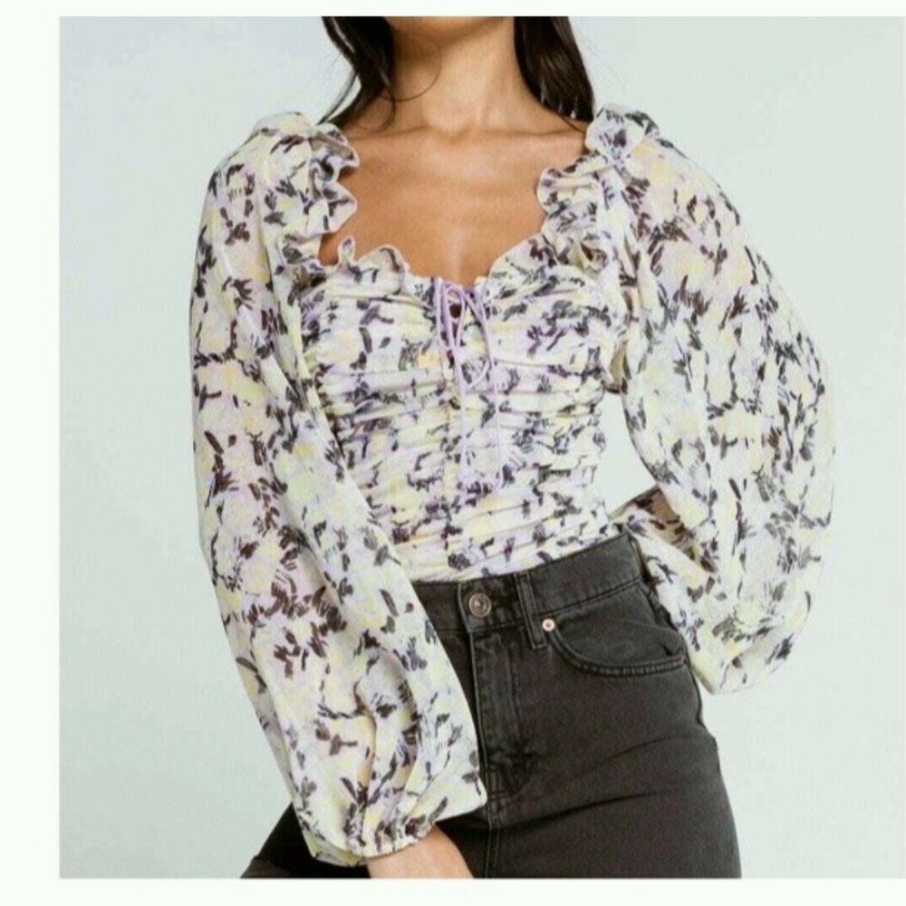 Free People Womens Mabel Chiffon Ivory Floral Ruched Top XS Lilac Cottagecore